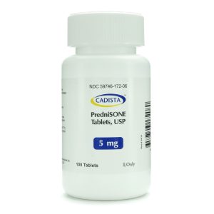 Prednisone 5 MG tablets in original packaging available for purchase online.