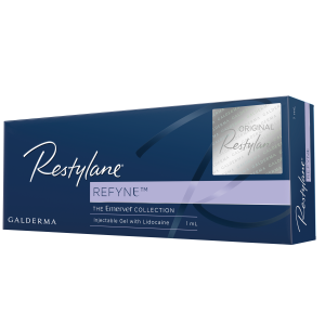 Restylane Refyne dermal filler in sealed packaging alongside a syringe, showcasing its premium quality and ready-to-use application for smooth, natural-looking results.