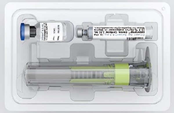 Saizen injectable powder for injection, sealed packaging with dosage details, ideal for growth hormone therapy.